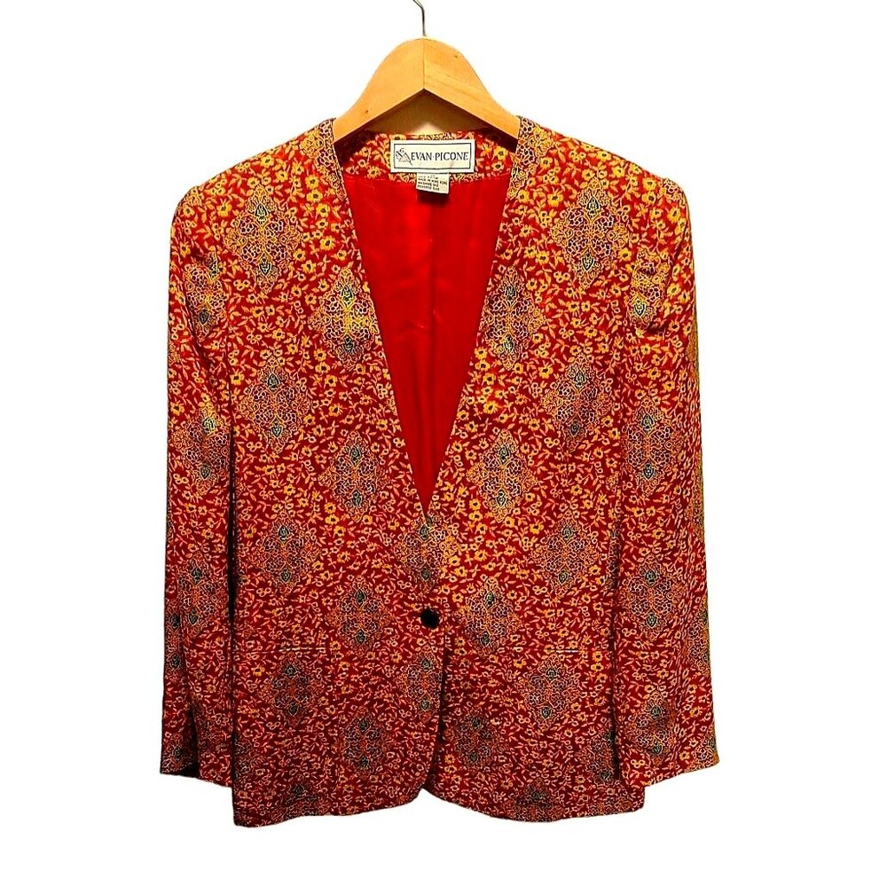 Vintage Evan Picone Women’s Red Empire Print Single Button Blazer Jacket Size 12